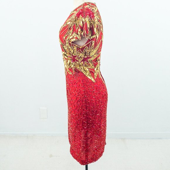 Vintage 80s 90s S/M July 4th Fireworks Silk Party Beaded Dress Holiday Stars - Picture 12 of 16